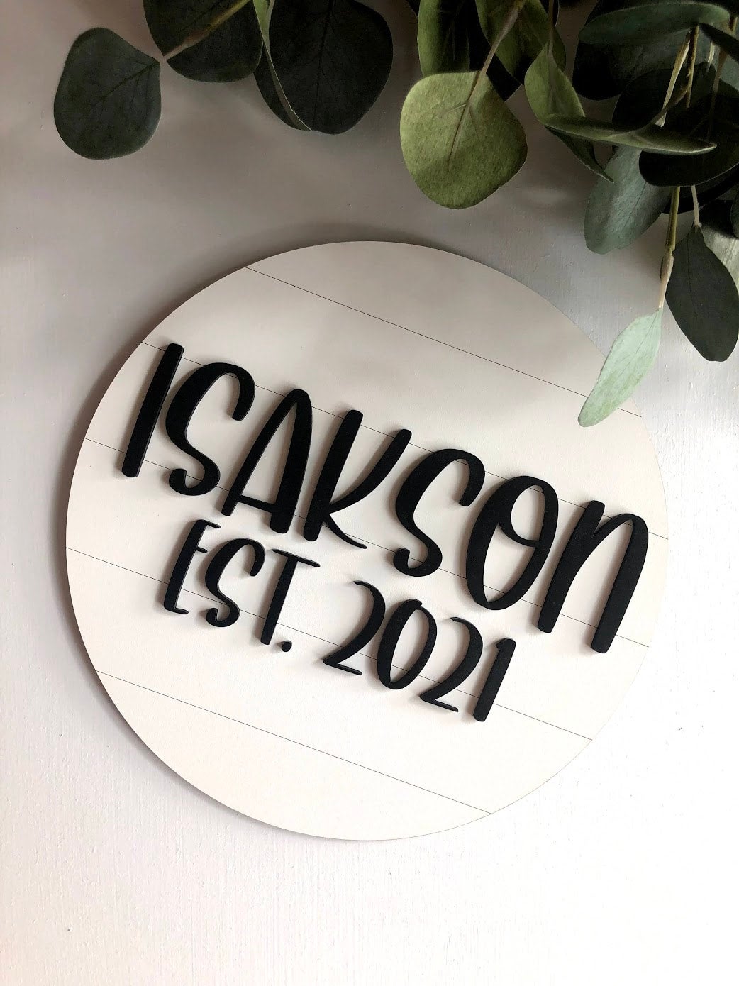Name Est Custom Last Name w/ Est Date White Shiplap Round | Sanded And Signed by ...
